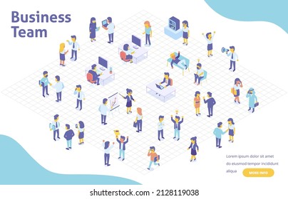 Cartoon Business People Characters in Coworking Place. Businessman and Businesswoman Working, Discussing and Meeting in Open Space Office. Flat Isometric Vector Illustration.