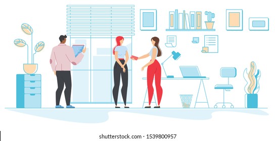 Cartoon Business People, Company Staff, Employees Coworking in Common Workplace. Female Colleagues Talking. Man Working on Laptop. Flat Office Room Scene. Teamwork, Communication. Vector Illustration