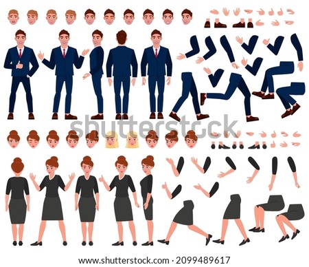 Cartoon business people constructor, poses, facial expressions, gestures. Business characters creation elements vector illustration set. Office people constructor. Male and female employees