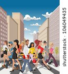 Cartoon business people crossing a downtown street in the city with tall buildings