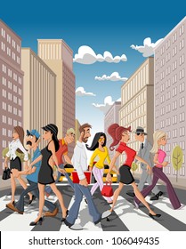 Cartoon business people crossing a downtown street in the city with tall buildings