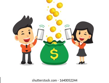Cartoon business people earning money with smartphones for design.