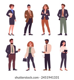 Cartoon business people. Office characters wearing business suits, busy business team members and office colleagues flat vector illustration set. Men and women businessmen