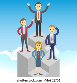 Cartoon business people on a pedestal celebrating the victory. Vector illustration