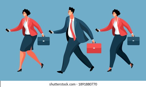 Cartoon business people, one man and two women. Male and female characters running with briefcases and smartphones, in full length. Vector illustration