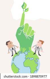 Cartoon business people and planet Earth, Rising Up a Green Finger- paper-cut style
