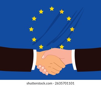 Caricatura de empresários a apertar as mãos sobre uma ilustração vetorial de fundo da bandeira da União Europeia. Conceito de colaboração e parceria internacionais