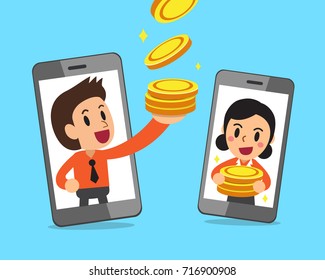 Cartoon business people and smartphones earning money