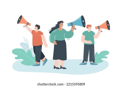 Cartoon business people talking into megaphones. Men and woman with loudspeakers making announcement flat vector illustration. Marketing, advertising, information concept for banner or landing page