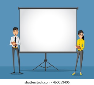 Cartoon business people and white billboard with empty space. Presentation screen.
