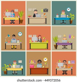 Cartoon business people working with computer. Office workspace with desks. 
