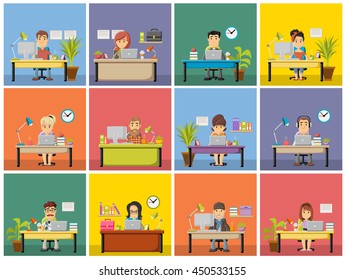 Cartoon business people working with computer. Office workspace with desks. 