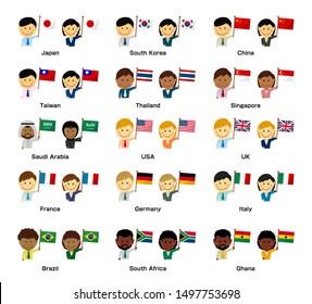 Cartoon business person of various races with national flags. Flat vector illustration set 