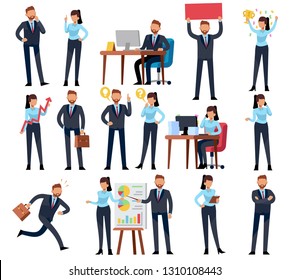 Cartoon business persons. Businessman professional woman in different office work situations. Vector flat characters set