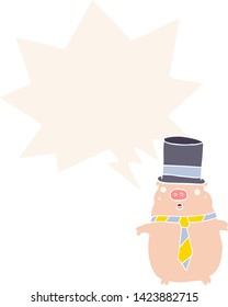 cartoon business pig with speech bubble in retro style