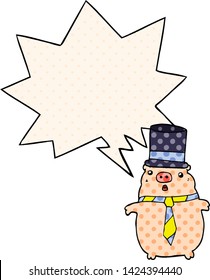 cartoon business pig with speech bubble in comic book style