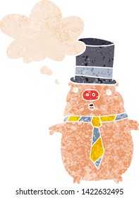 cartoon business pig with thought bubble in grunge distressed retro textured style
