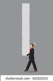 Cartoon business professional carrying a overwhelming stack of paper document. Vector illustration on heavy workload metaphor isolated on grey background.