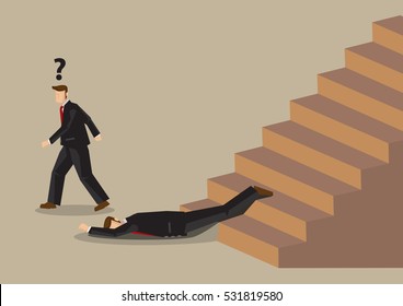 Cartoon business professional falls down on stairs. Vector illustration on hidden dangers in workplace and office safety concept. 