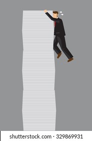 Cartoon business professional hanging on a high pile of document and struggling. Vector illustration on occupational stress concept isolated on grey background.