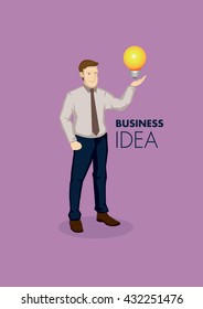 Cartoon business professional with incandescent light bulb on hand. Vector illustration for business idea concept isolated on purple background.
