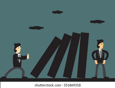 Cartoon business professional trying to sabotage coworker behind his back. Creative vector illustration for concept on toxic people and behavior in workplace.