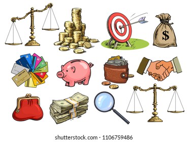 Cartoon business set. Scales, stack of coins, sack of dollars, credit cards, handshake, purse, wallet, piggy bank, target, arrow, magnifying glass. Sketch vector illustration isolated on white.