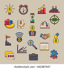 Cartoon business strategy icon set with outline