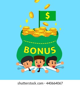 Cartoon business team with big bonus money bag