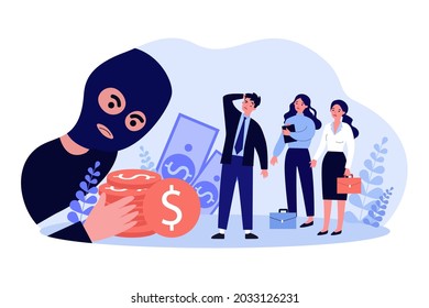 Cartoon Business Team Facing Fraud. Flat Vector Illustration. Tiny Business People In Disbelief From Losing Finances Stolen By Masked Man. Deception, Theft, Loss, Finance, Business Concept
