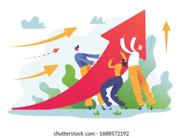 Cartoon Business Team Holding Up Arrow. Strategy Concept, High Level Of Work. Vector Illustration.