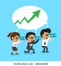 Cartoon business team look for green arrow chart