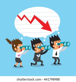 Cartoon business team look for red arrow chart
