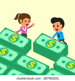 Cartoon business team with money stacks
