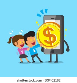 Cartoon business team pulling money from smartphone