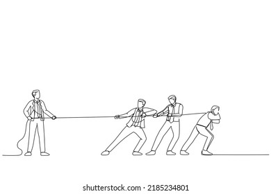 Cartoon of Business team pulling rope against successful businessman. Single continuous line art style
