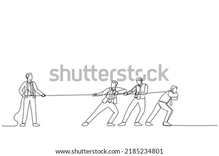 Cartoon of Business team pulling rope against successful businessman. Single continuous line art style
