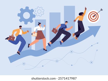 Cartoon business team run. Office people in formal suits, moving towards goal, competitive work, successful startup, vector illustration