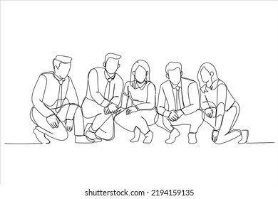 Cartoon of business team squating after brainstorming session full of ideas. Single continuous line art style
