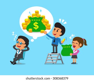Cartoon business team steal money from boss 's dream