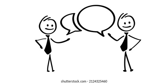 Cartoon business team talking with speech bubble. Drawing cartoon stickman, Stick figure with social media symbols. To mail, blog, internet, app, web, phone or adress. Vector icon or pictogram.