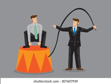 Cartoon business trainer using a whip like circus ringmaster to train staff who is squatting on circus platform. Creative vector illustration on staff training concept isolated on grey background. 