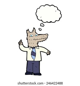 cartoon business wolf with idea with thought bubble