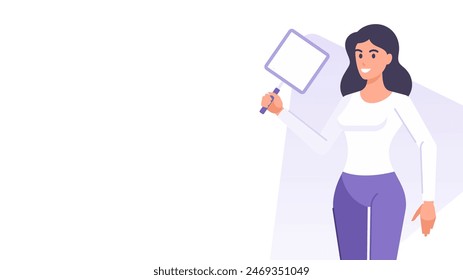 Cartoon business woman with blank board handle placard banner design template vector flat illustration. Smiling female character demonstrate signboard billboard copy space information presenting