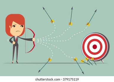 Cartoon business woman can not hit target with a bow and arrow, vector illustration.