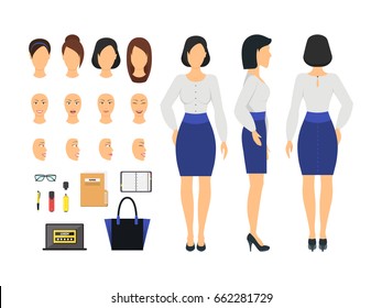 Cartoon Business Woman and Constructor Element Part Set Side, Back or Front View Flat Style Design. Vector illustration