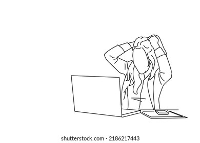 Cartoon of business woman at the desk with a laptop chip her hair and screaming. line art style

