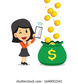 Cartoon business woman earning money with smartphone for design.