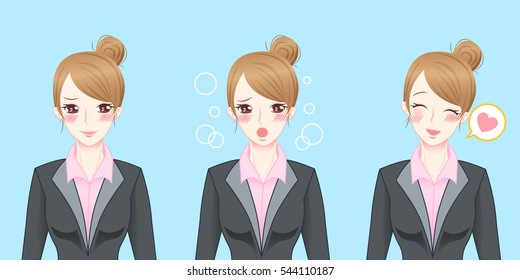 cartoon business woman feel shy and happy