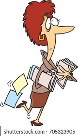 cartoon business woman with her arms full of files and dropping some too